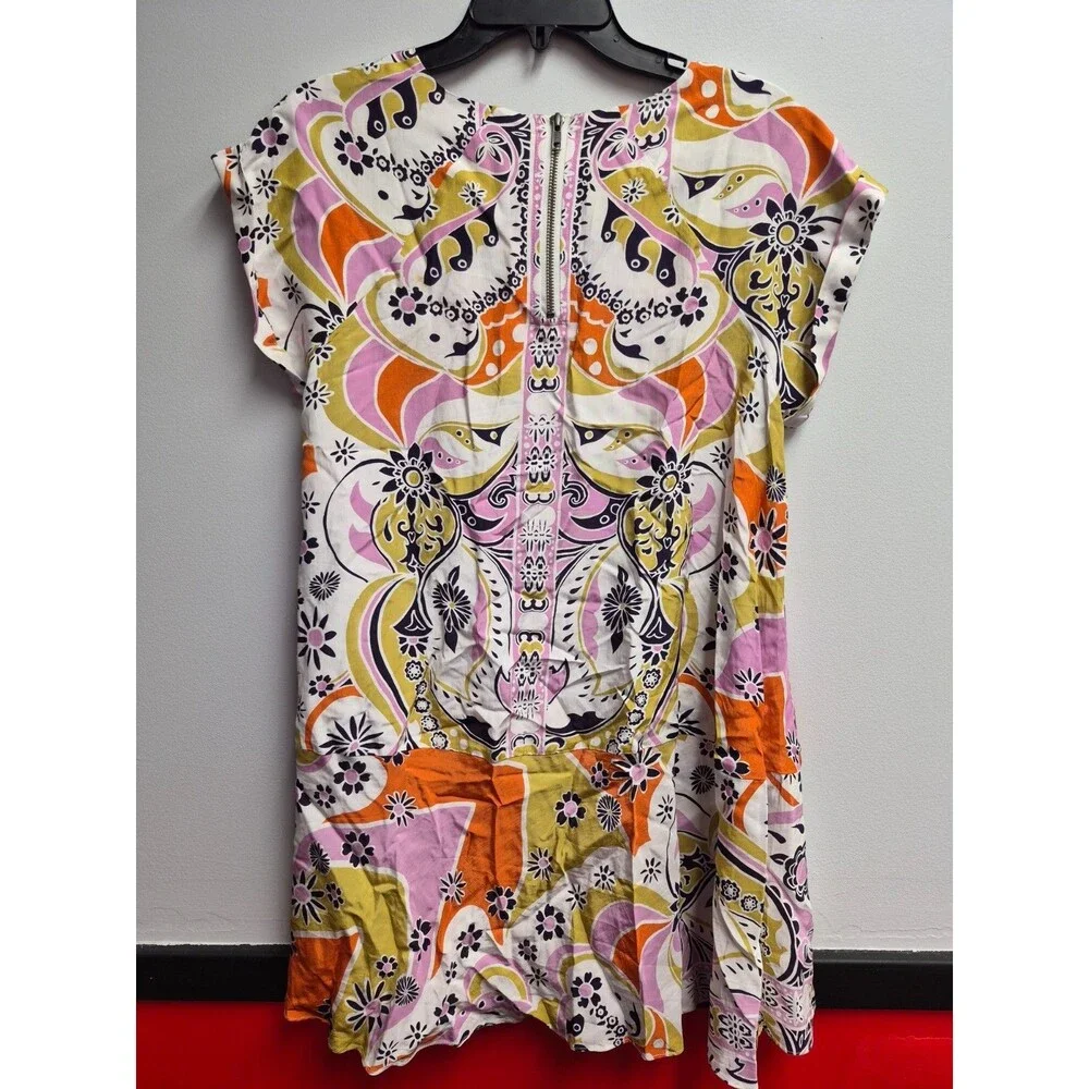 Free People Multicolor Paisley Shift Dress XS Mini Short Sleeve Boho Retro Flora
